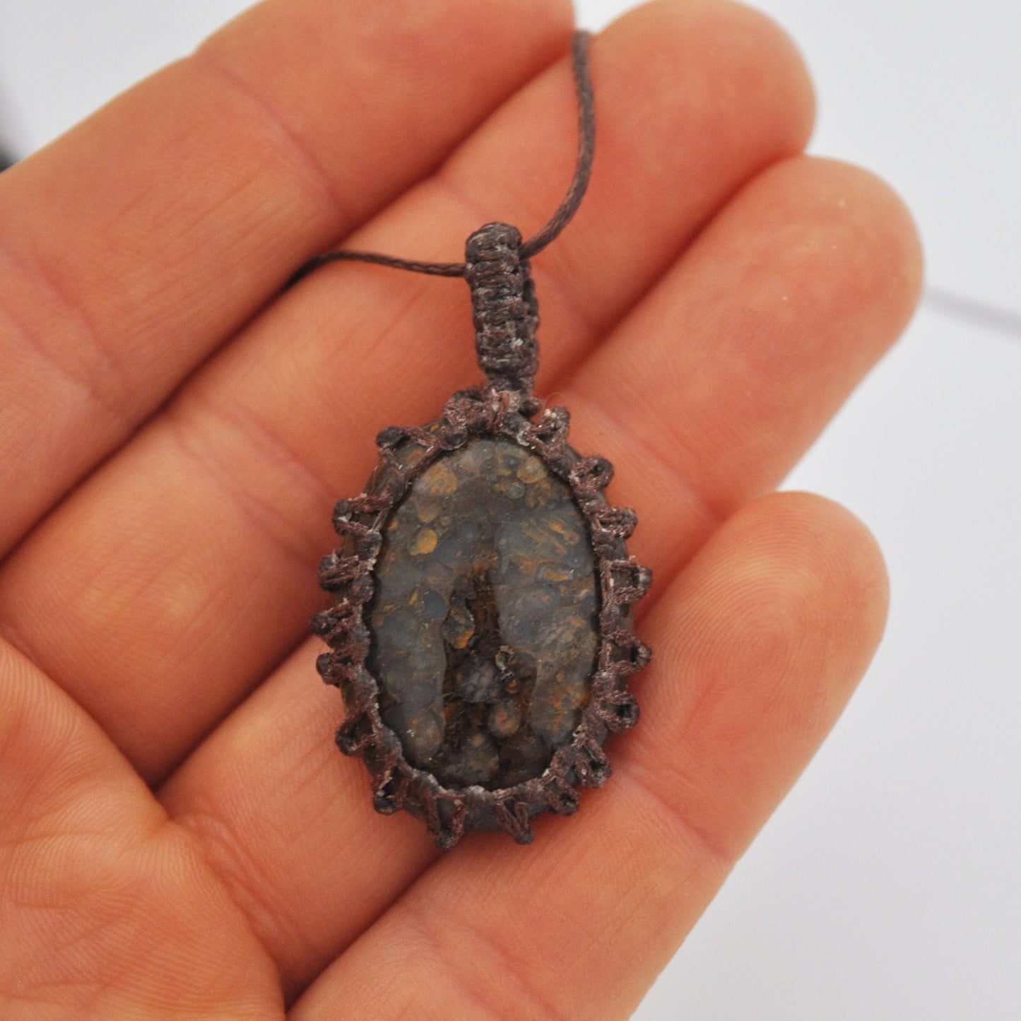 Brecciated Jasper Macrame Wrap Chord Necklace / Knotted in Brown Cotton on Adjustable Length Chord