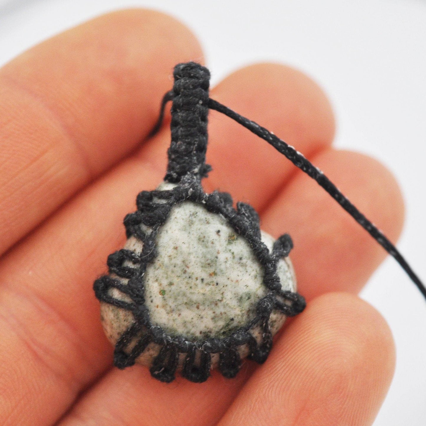 Kiwi Jasper Macrame Wrap Chord Necklace / Knotted in Black Cotton on Adjustable Length Chord