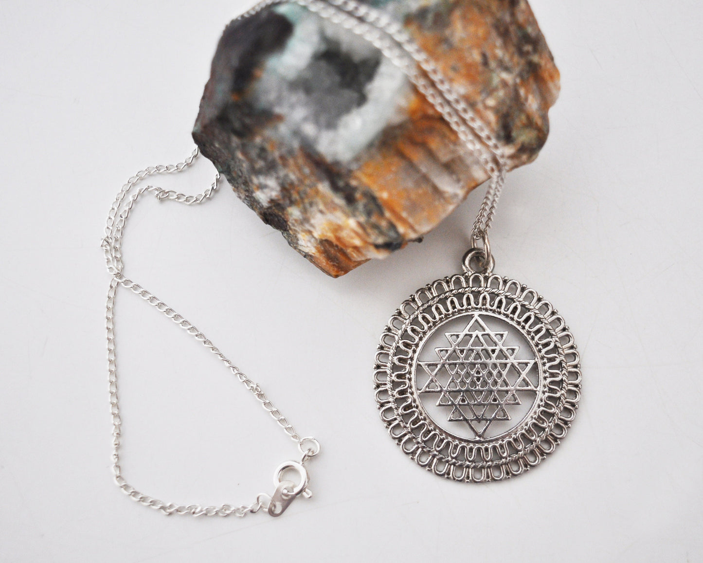 Sri Yantra Pendant Necklace in Silver on 16" Chain / Mother of All Yantras