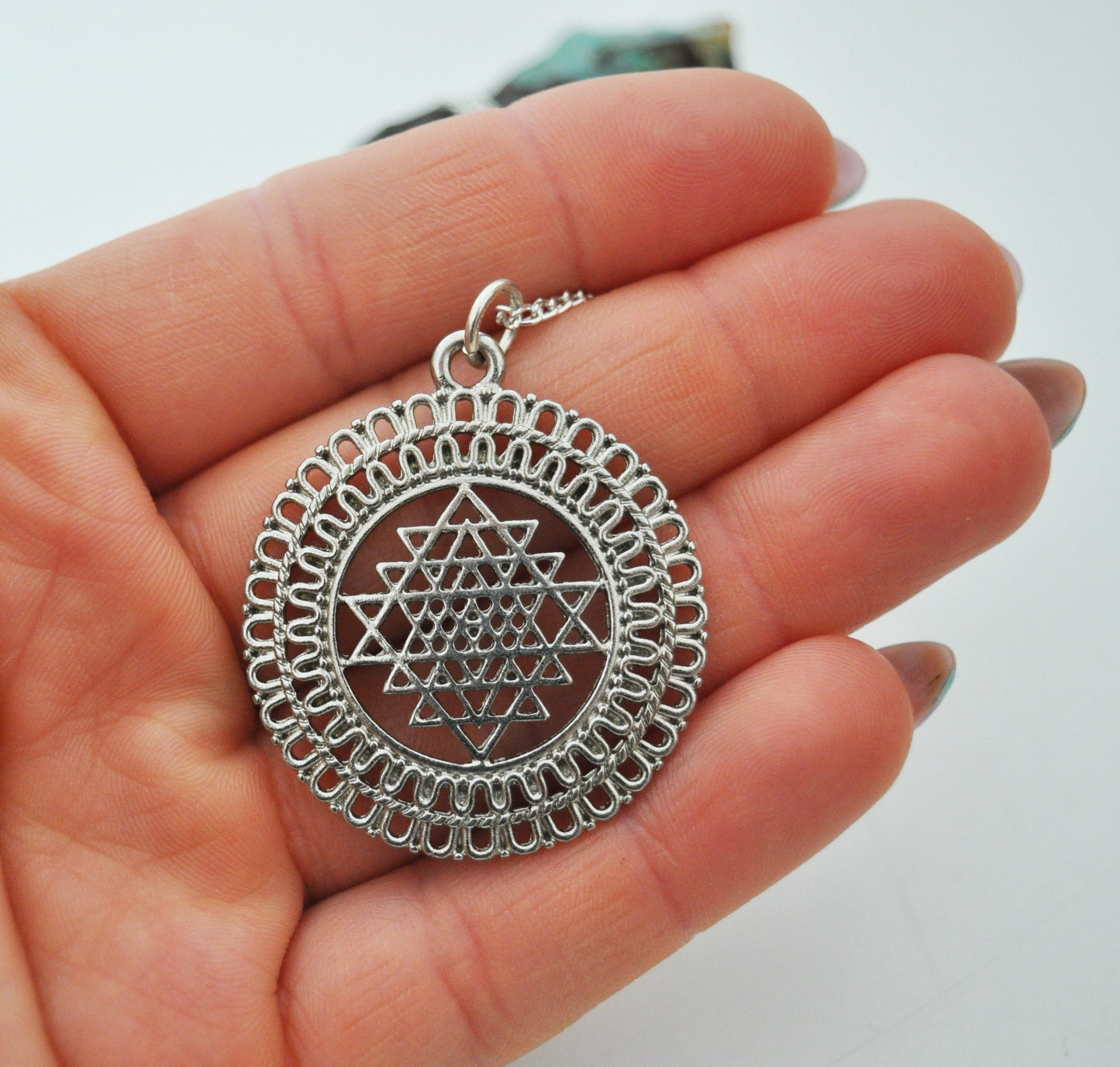 Sri Yantra Pendant Necklace in Silver on 16" Chain / Mother of All Yantras
