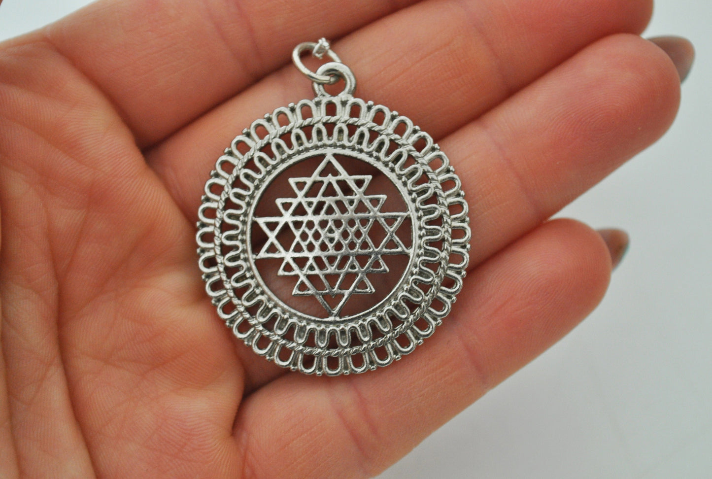 Sri Yantra Pendant Necklace in Silver on 16" Chain / Mother of All Yantras