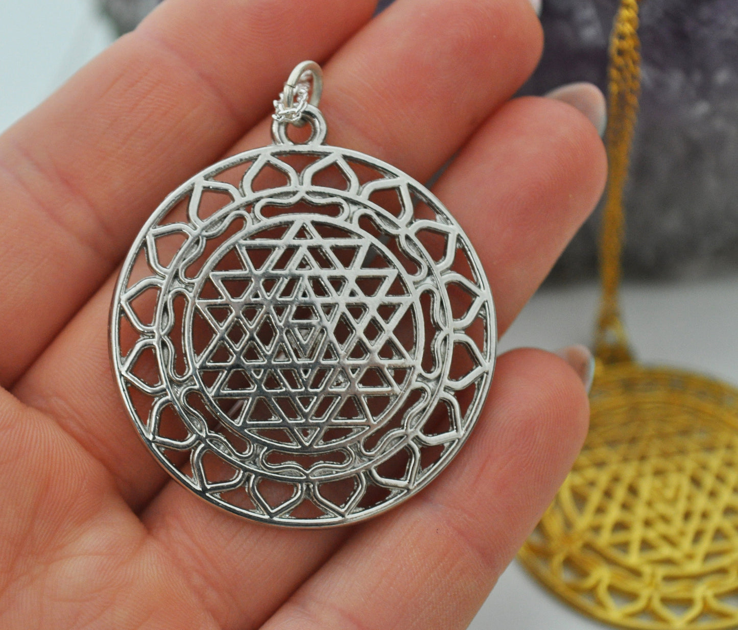 Large Sri Yantra Pendant Necklace in Silver or Gold / Sacred Geometry, Mother of All Yantras