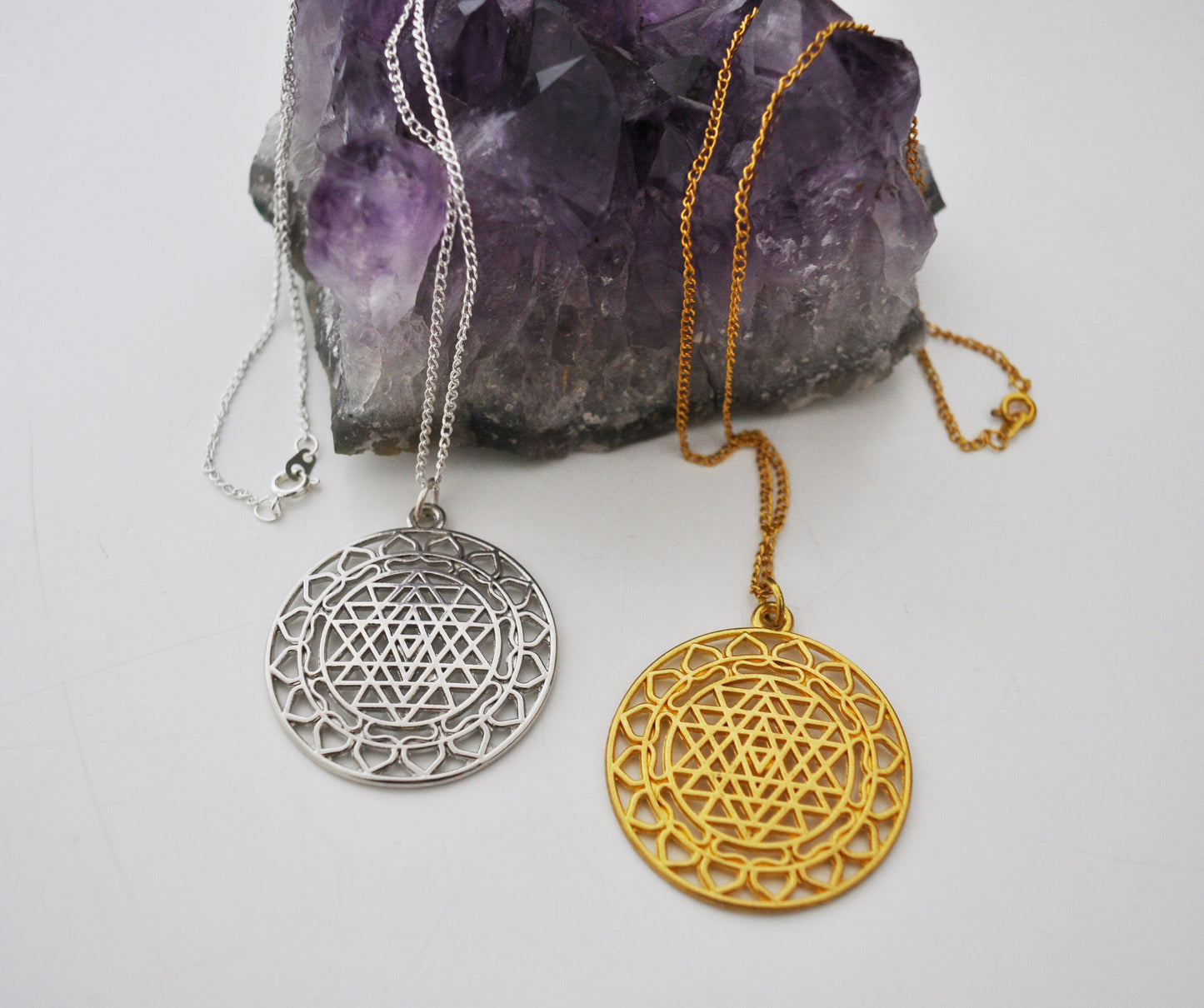 Large Sri Yantra Pendant Necklace in Silver or Gold / Sacred Geometry, Mother of All Yantras
