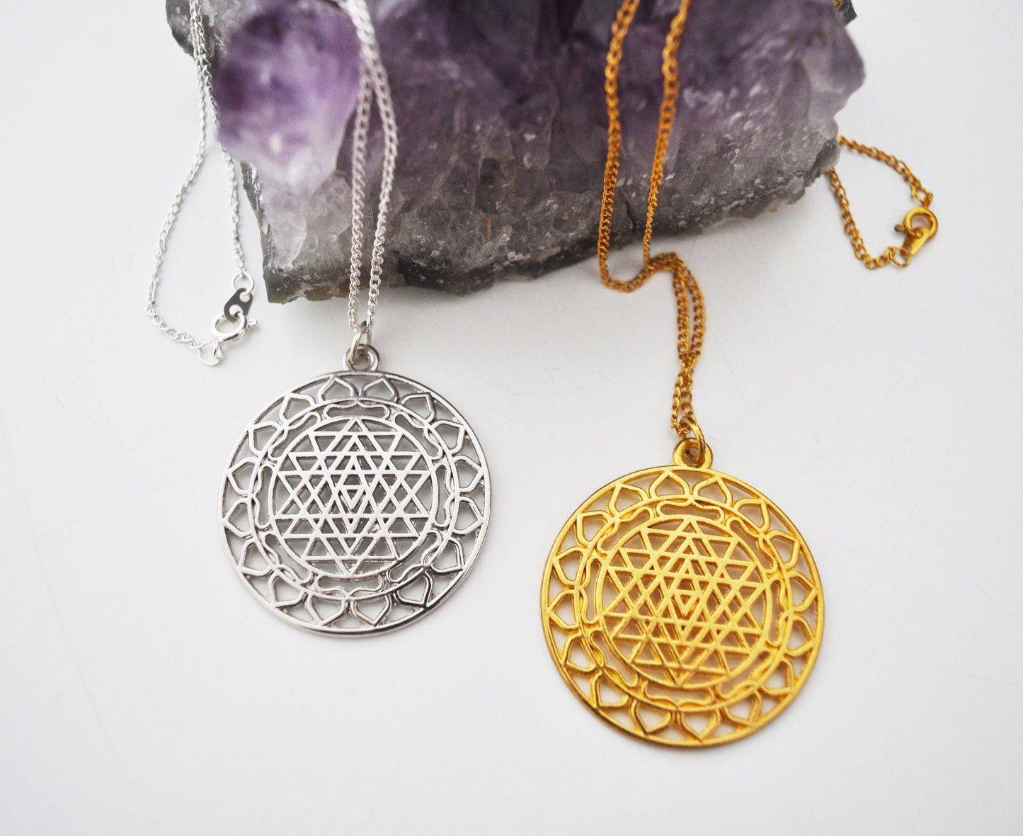 Large Sri Yantra Pendant Necklace in Silver or Gold / Sacred Geometry, Mother of All Yantras
