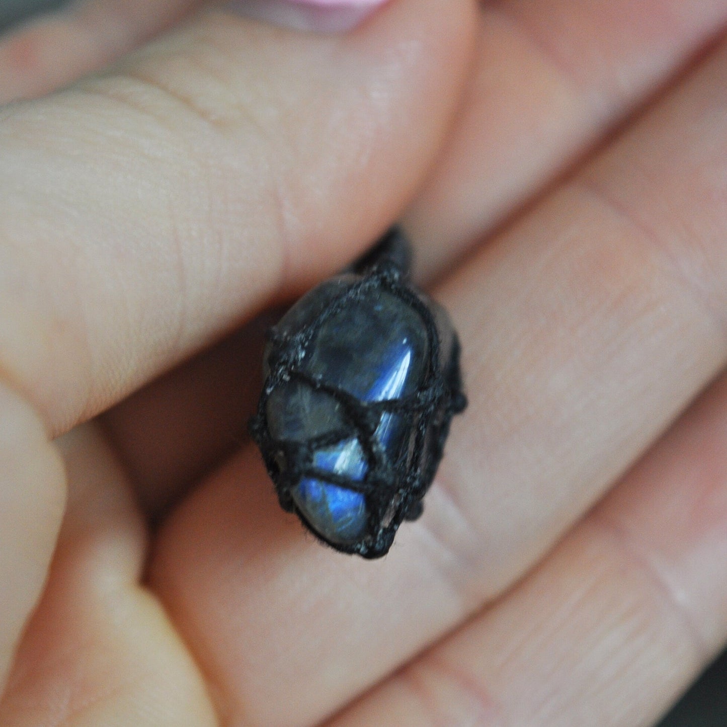 Labradorite Macrame Wrap Chord Necklace / Knotted in Black Cotton on Adjustable Length Chord