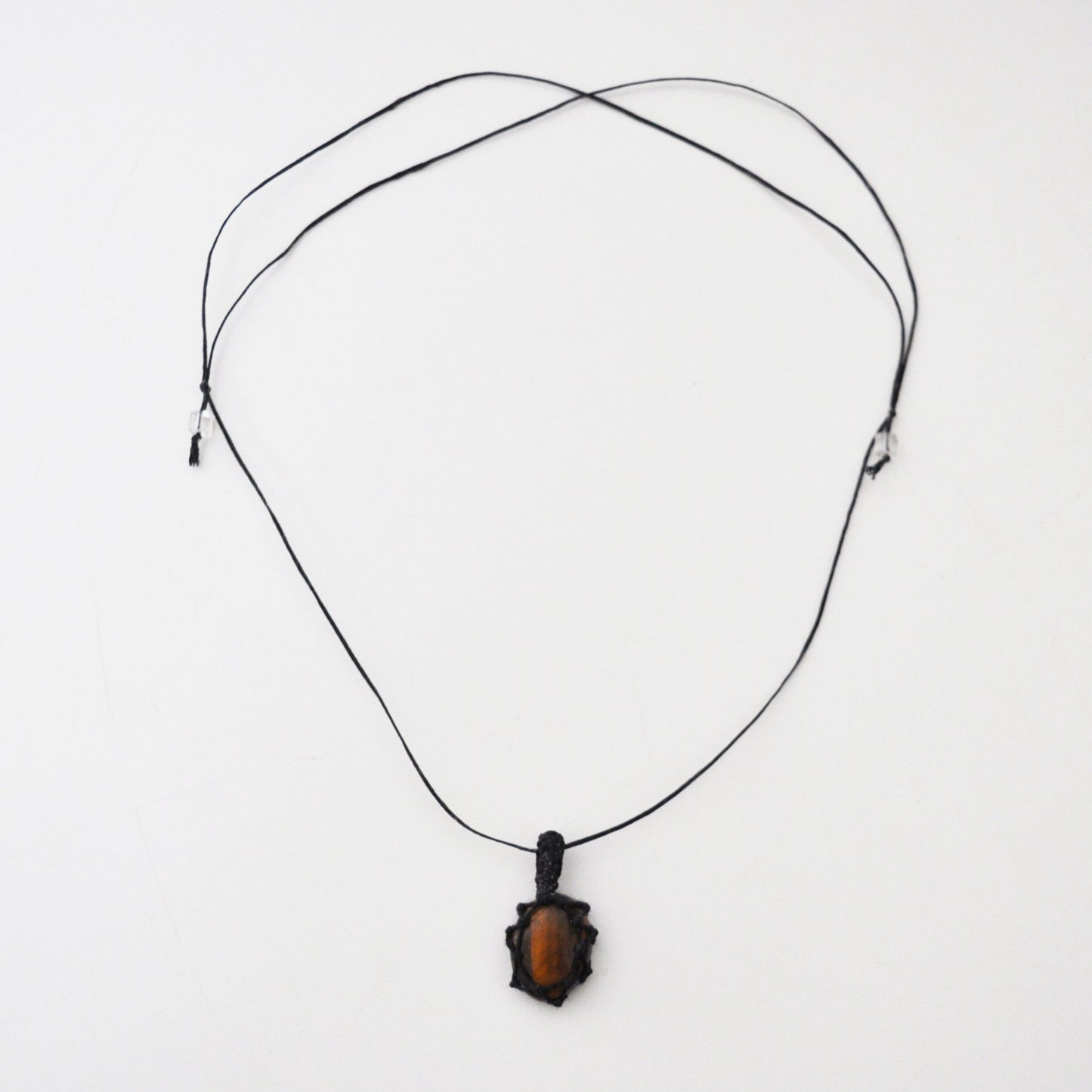 Tigers Eye Crystal Pendant Macrame Wrap Necklace / Knotted in Black Cotton on Adjustable Length Chord