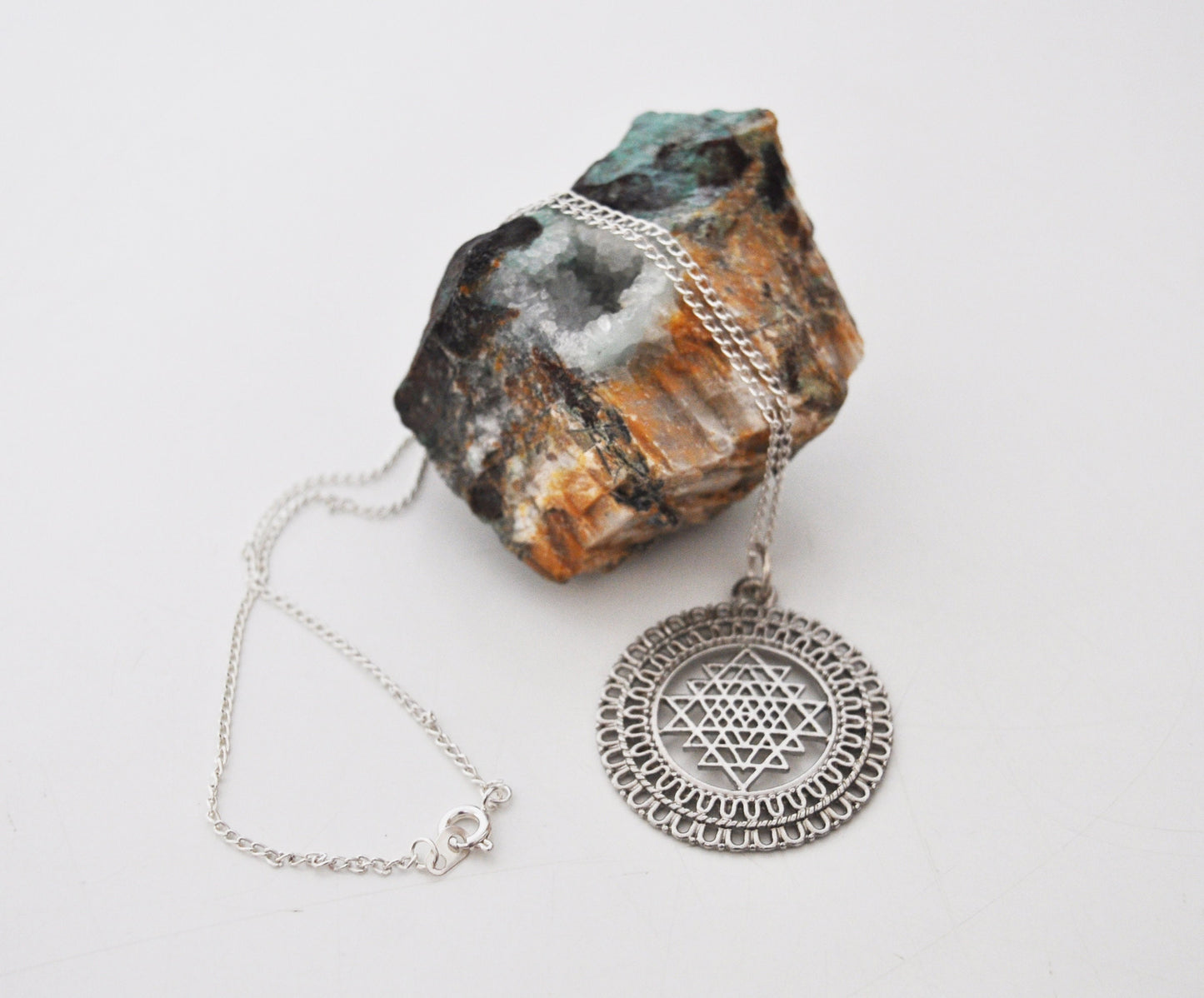 Sri Yantra Pendant Necklace in Silver on 16" Chain / Mother of All Yantras