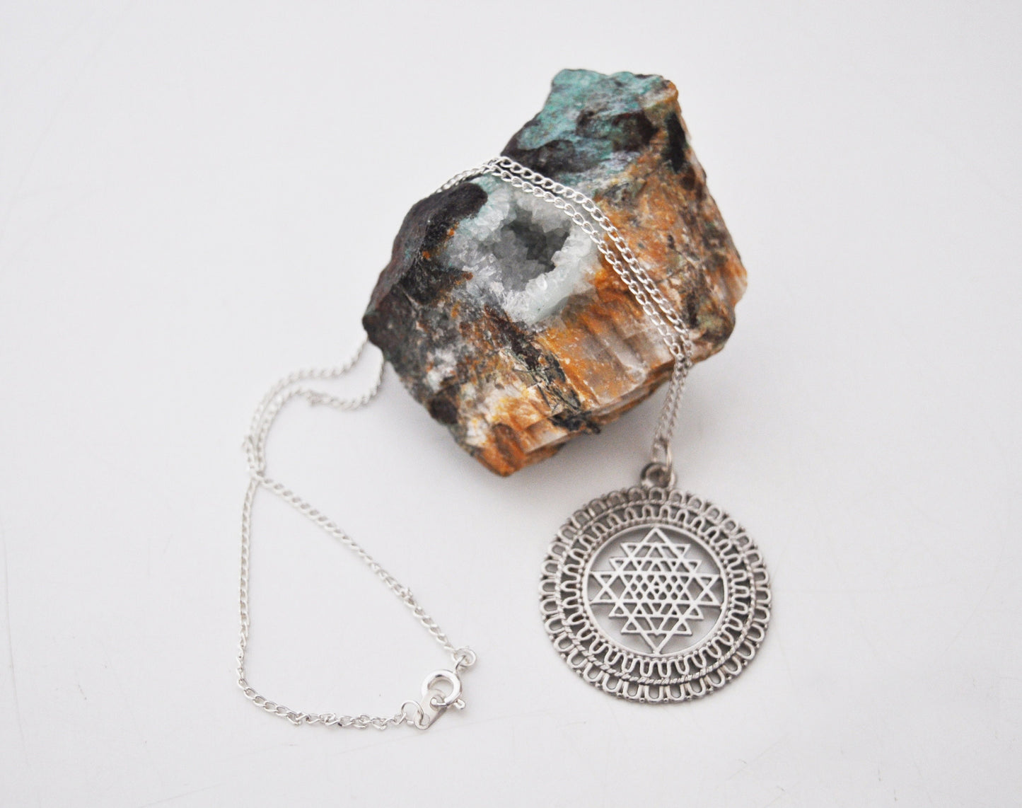 Sri Yantra Pendant Necklace in Silver on 16" Chain / Mother of All Yantras