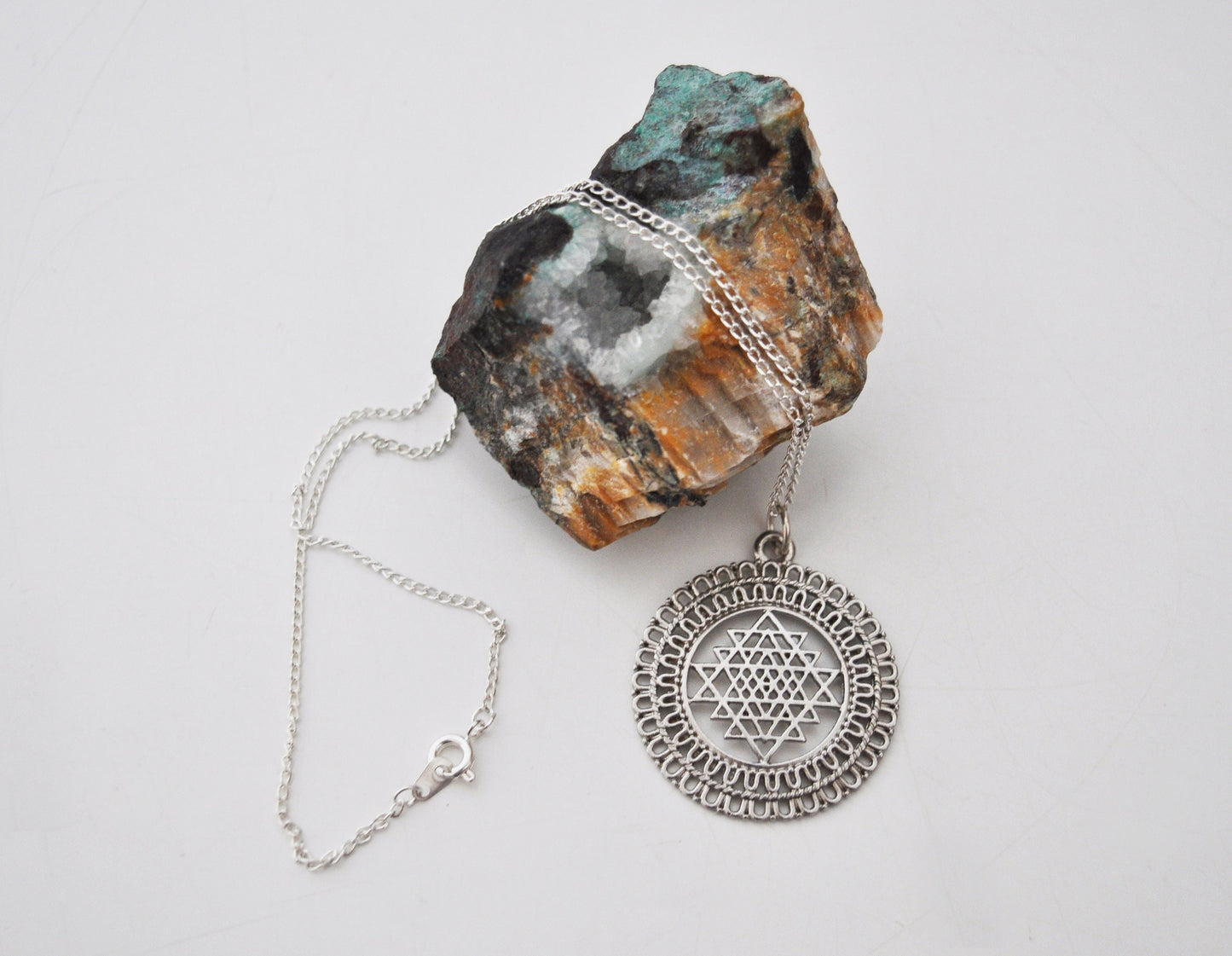 Sri Yantra Pendant Necklace in Silver on 16" Chain / Mother of All Yantras