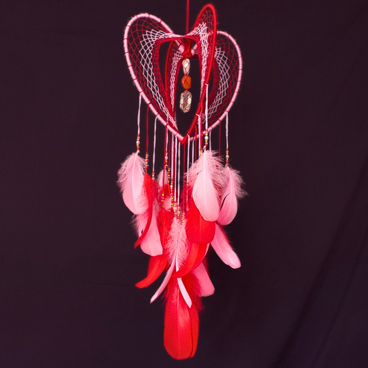 Large Pink and Red 3D Heart-Shaped Dreamcatcher / 9" Crystal Heartcatcher
