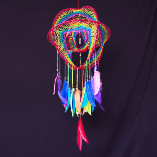 12" Large Rainbow 3D Dreamcatcher Mobile with Clear Quartz Point Centre