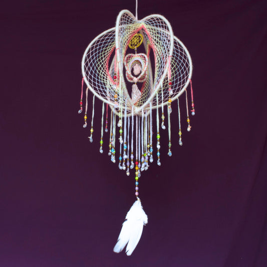 Large Pastel Rainbow 3D Dream Catcher Mobile, 9 inch / 23cm - Iridescent Orb Dream Catcher with Rose Quartz, Clear Quartz & Seed of Life