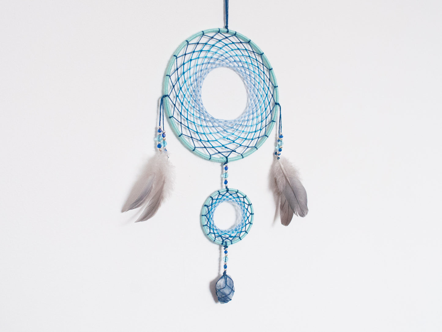 6" Baby Blue Celestite Crystal Double Dreamcatcher Wall Hanging