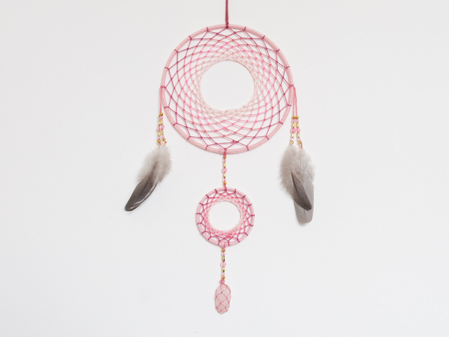 6" Baby Pink Rose Quartz Crystal Double Dreamcatcher Wall Hanging