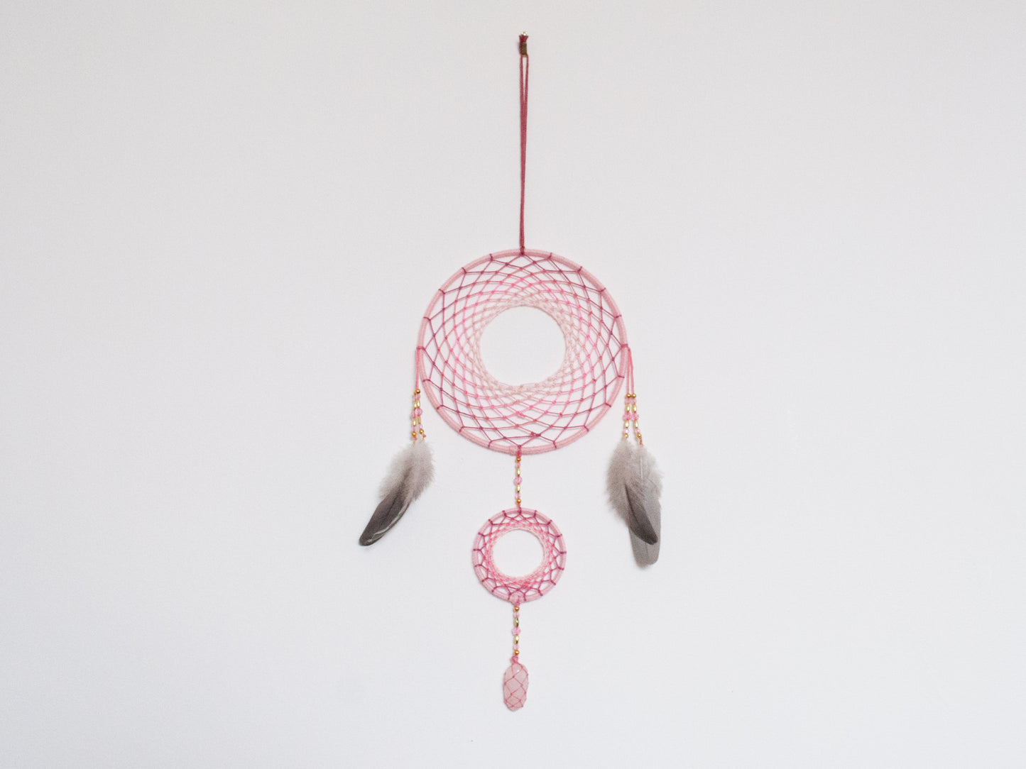 6" Baby Pink Rose Quartz Crystal Double Dreamcatcher Wall Hanging