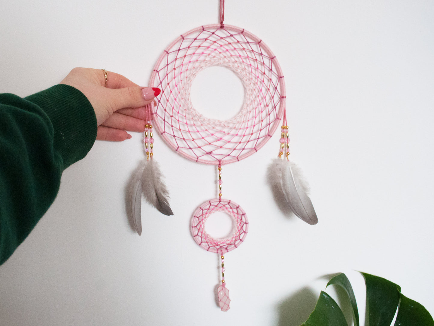 6" Baby Pink Rose Quartz Crystal Double Dreamcatcher Wall Hanging
