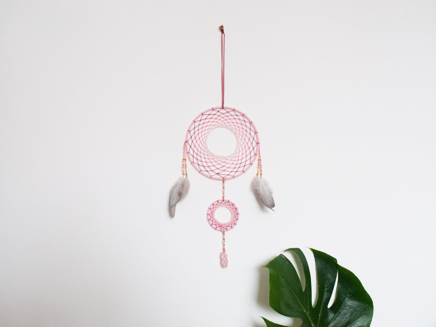 6" Baby Pink Rose Quartz Crystal Double Dreamcatcher Wall Hanging
