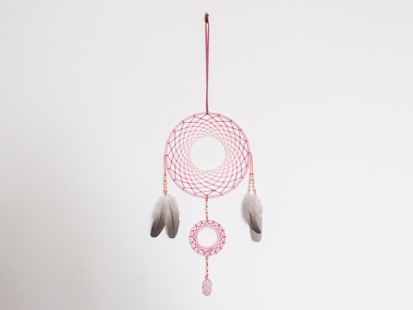 6" Baby Pink Rose Quartz Crystal Double Dreamcatcher Wall Hanging