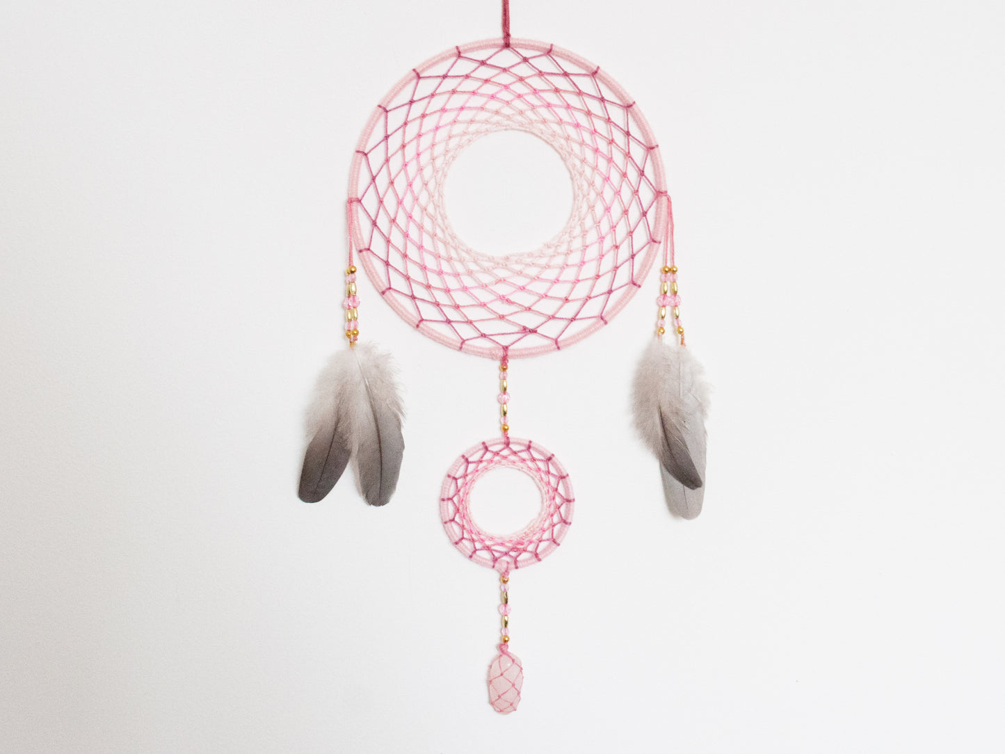 6" Baby Pink Rose Quartz Crystal Double Dreamcatcher Wall Hanging