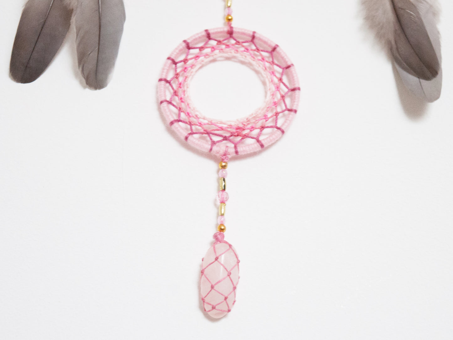 6" Baby Pink Rose Quartz Crystal Double Dreamcatcher Wall Hanging