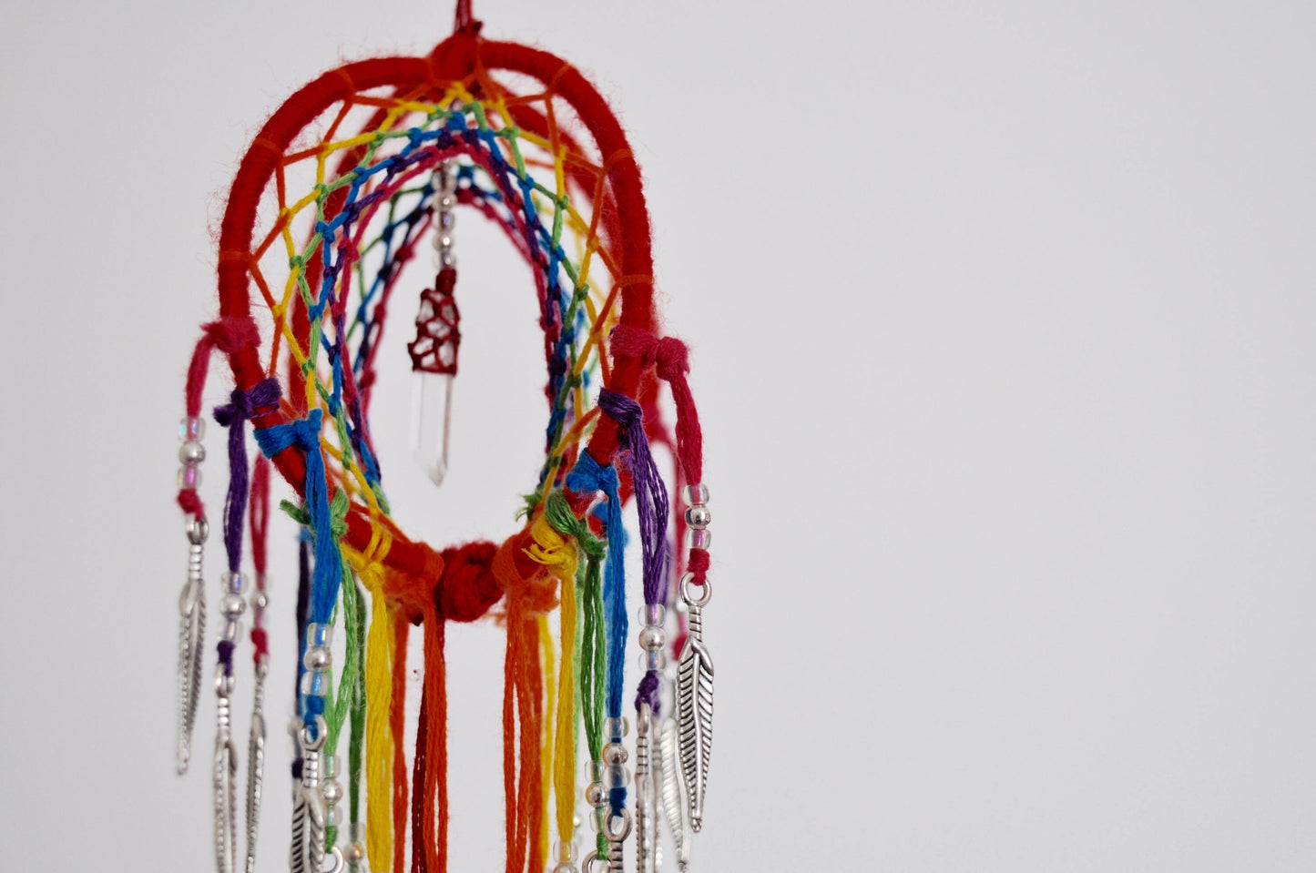 Mini Rainbow 3D Dreamcatcher with Clear Quartz Crystal Point & Feather Charms