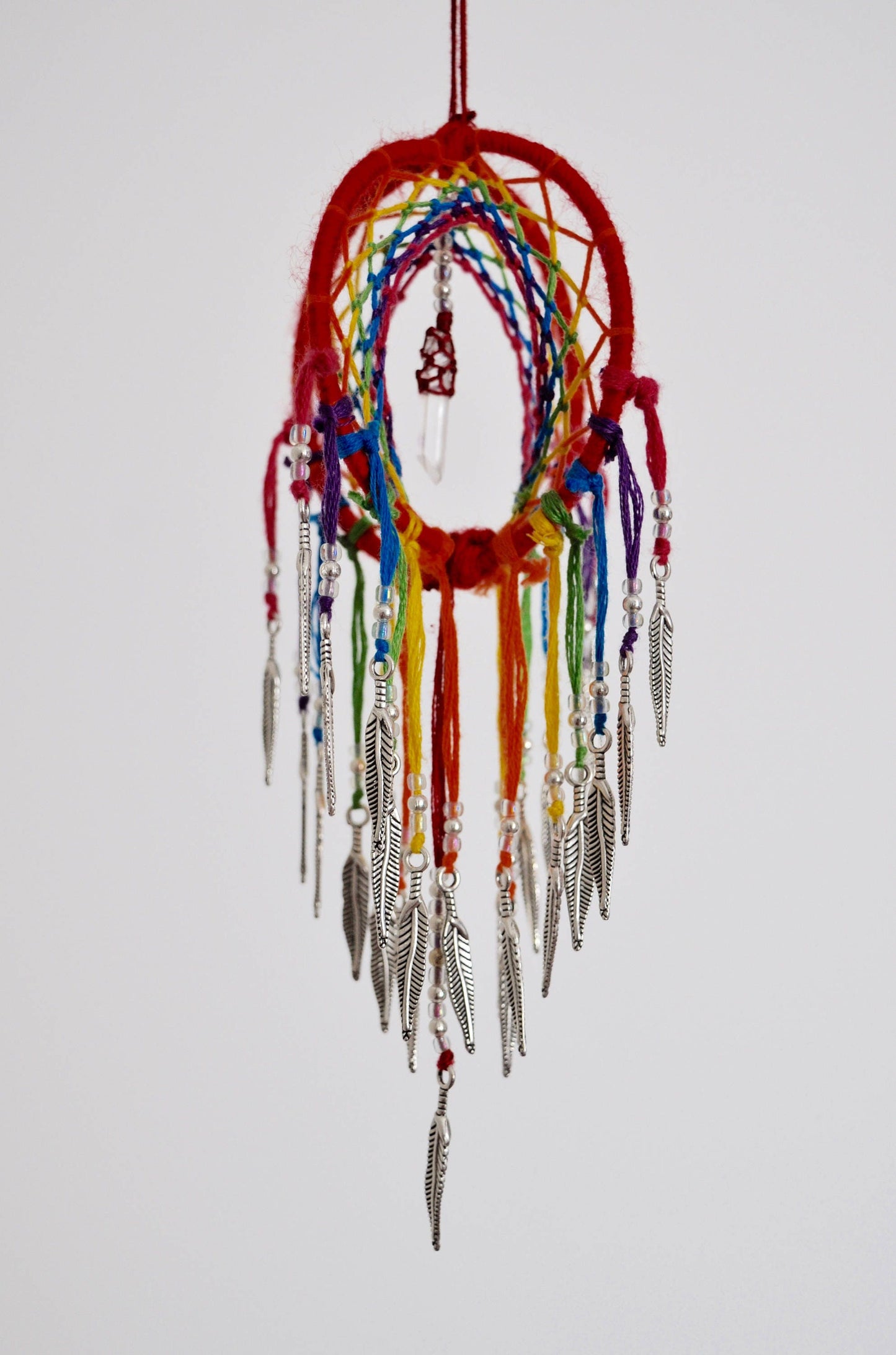 Mini Rainbow 3D Dreamcatcher with Clear Quartz Crystal Point & Feather Charms