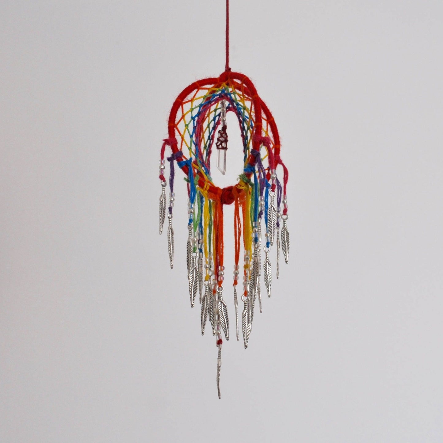 Mini Rainbow 3D Dreamcatcher with Clear Quartz Crystal Point & Feather Charms