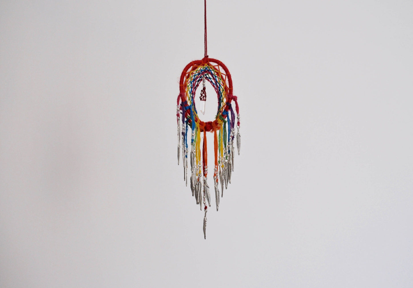 Mini Rainbow 3D Dreamcatcher with Clear Quartz Crystal Point & Feather Charms