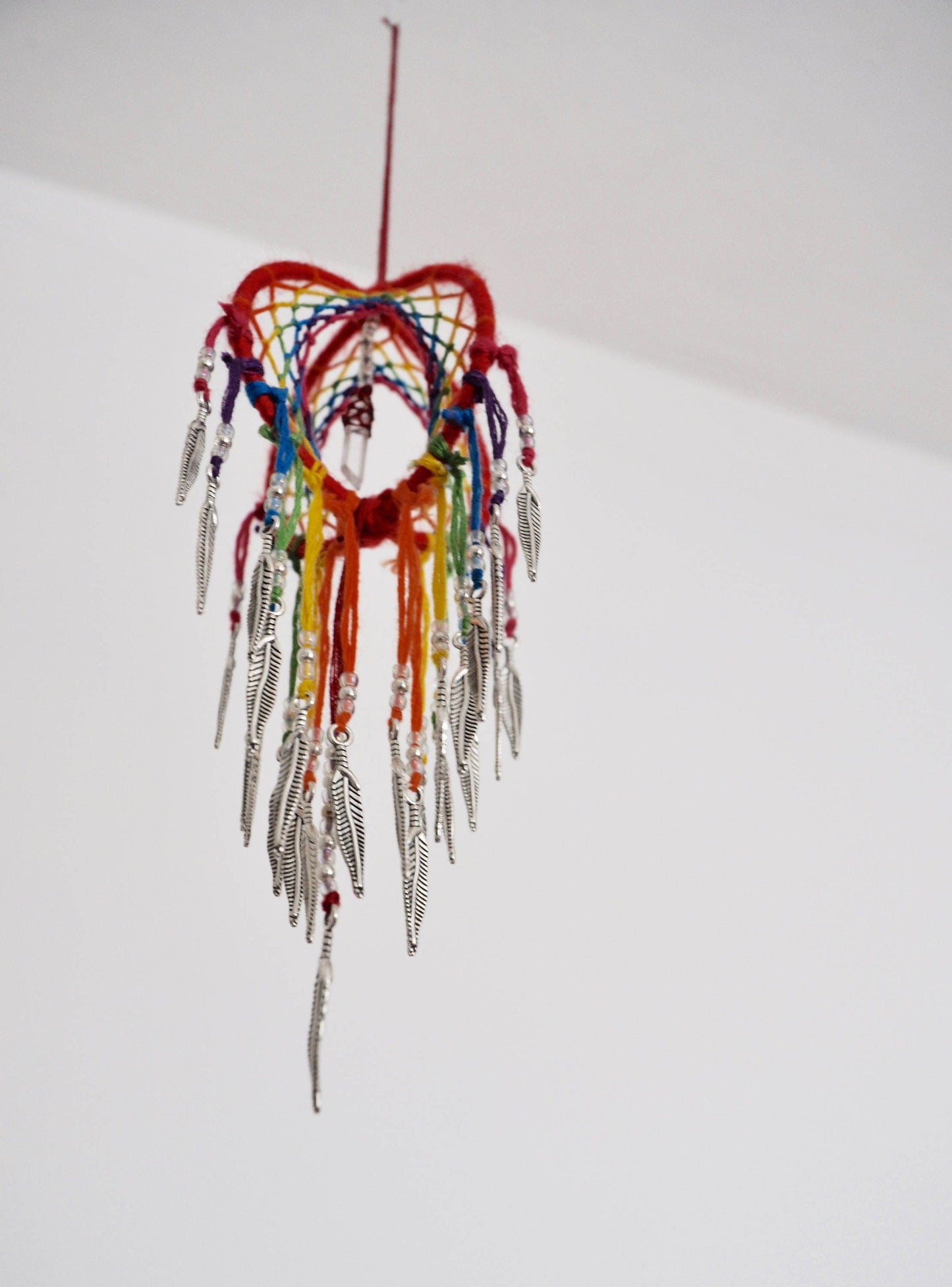 Mini Rainbow 3D Dreamcatcher with Clear Quartz Crystal Point & Feather Charms
