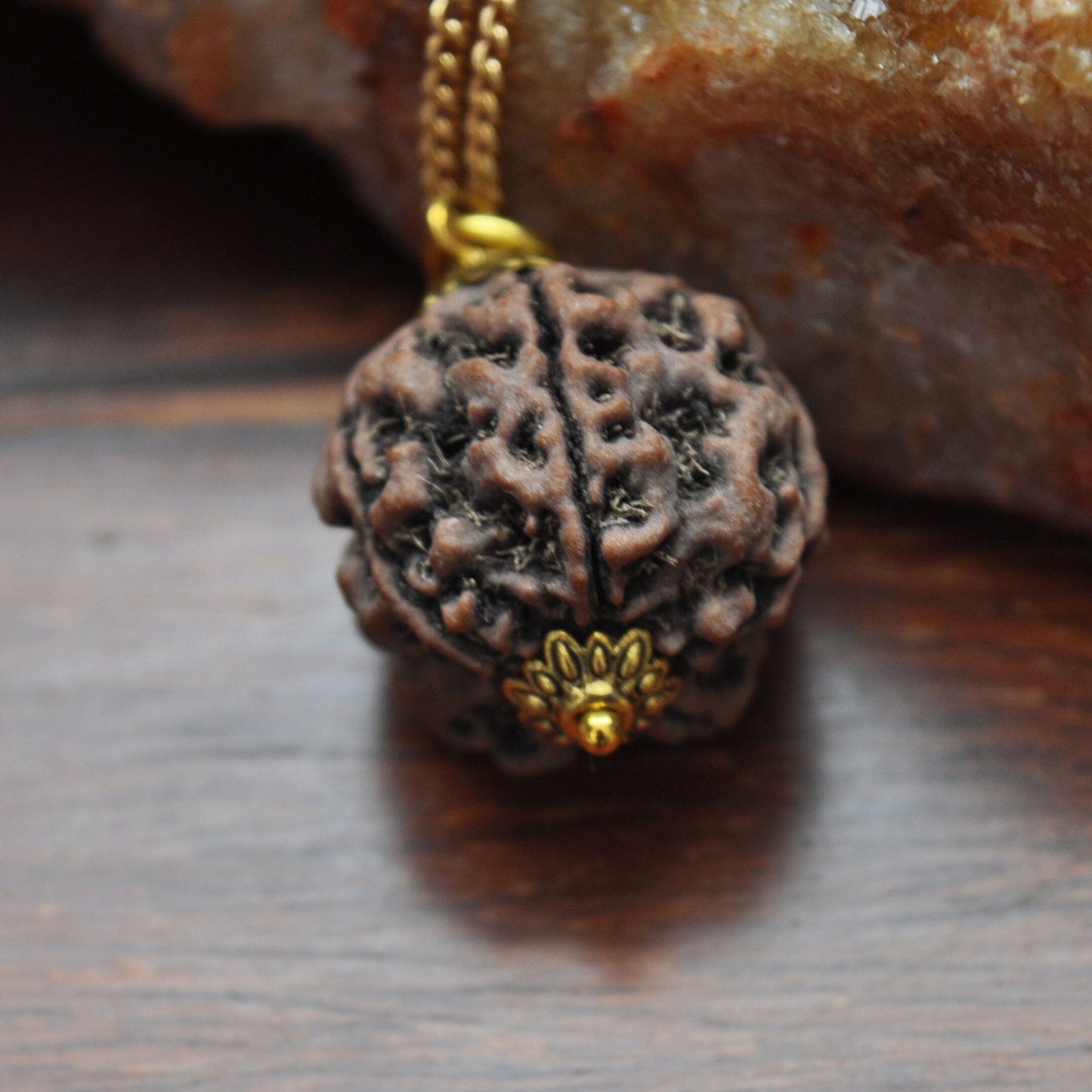 Rudraksha Pendant Necklace on 16" Gold Plated Chain