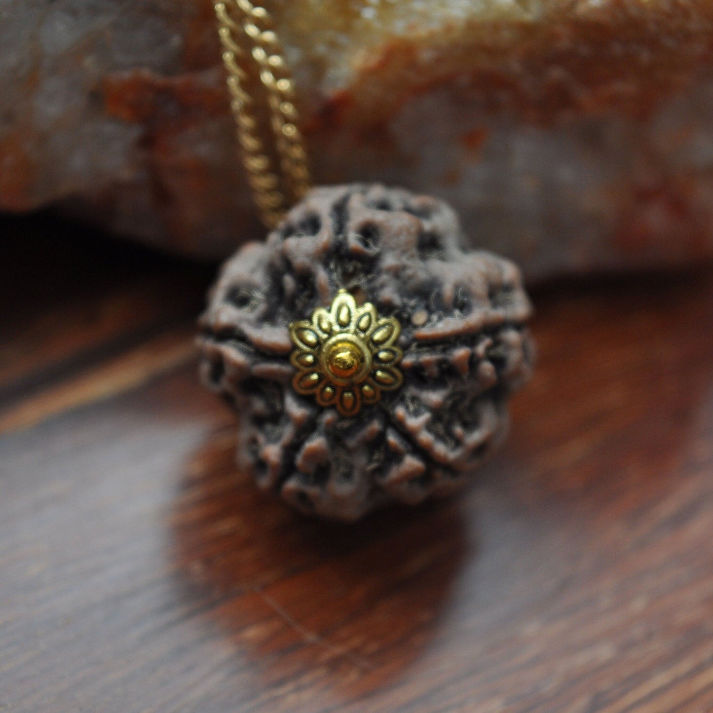 Rudraksha Pendant Necklace on 16" Gold Plated Chain