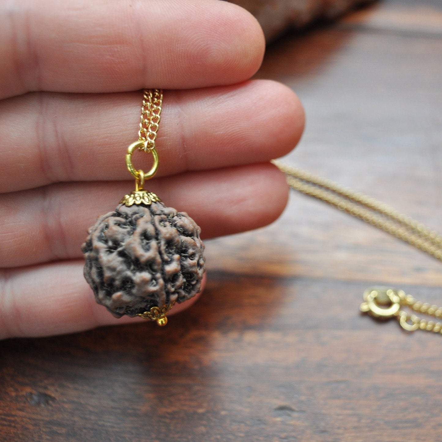 Rudraksha Pendant Necklace on 16" Gold Plated Chain