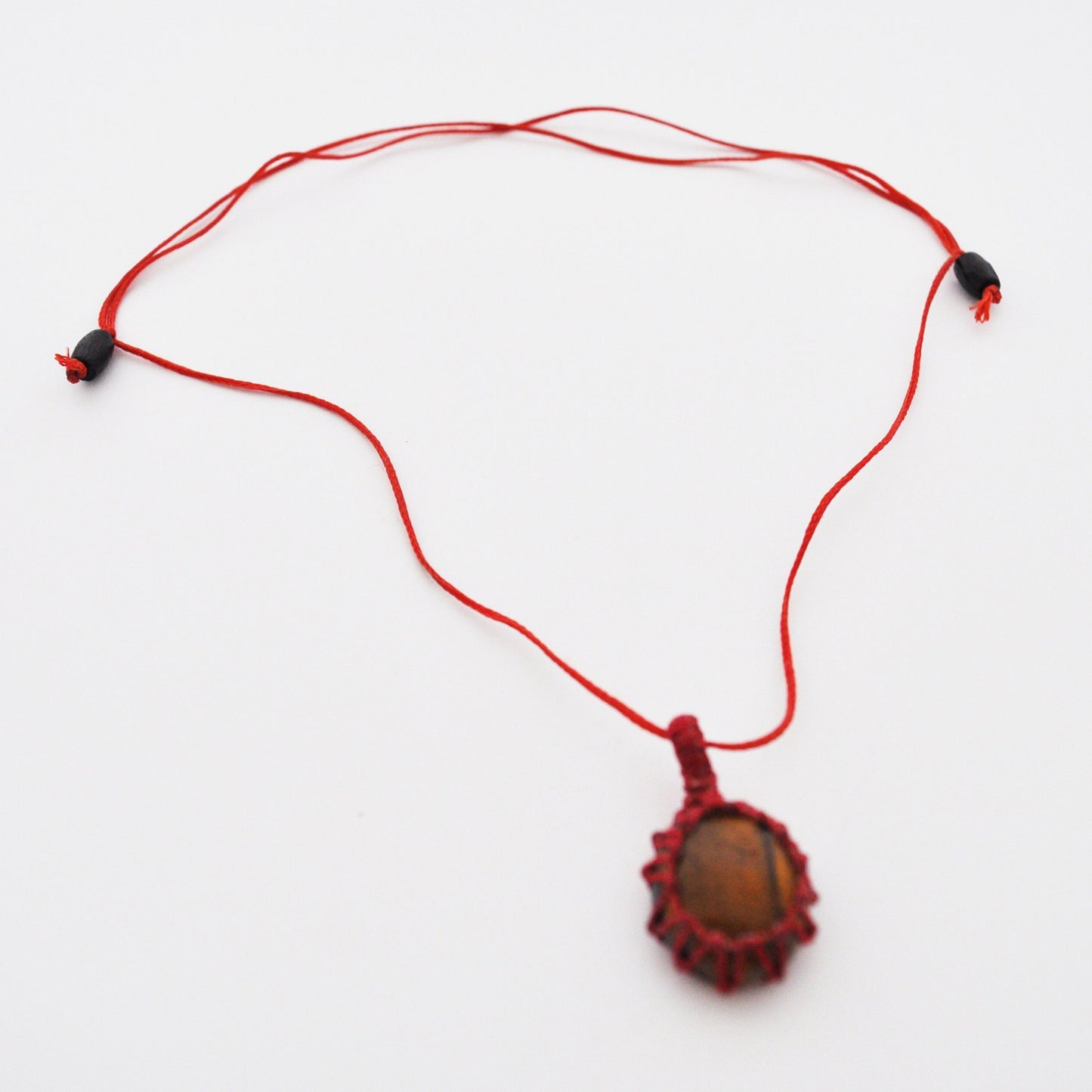 Tigers Eye Macrame Wrap Chord Necklace / Knotted in Red Cotton on Adjustable Length Chord