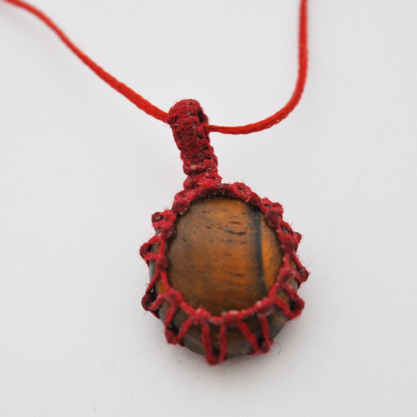 Tigers Eye Macrame Wrap Chord Necklace / Knotted in Red Cotton on Adjustable Length Chord