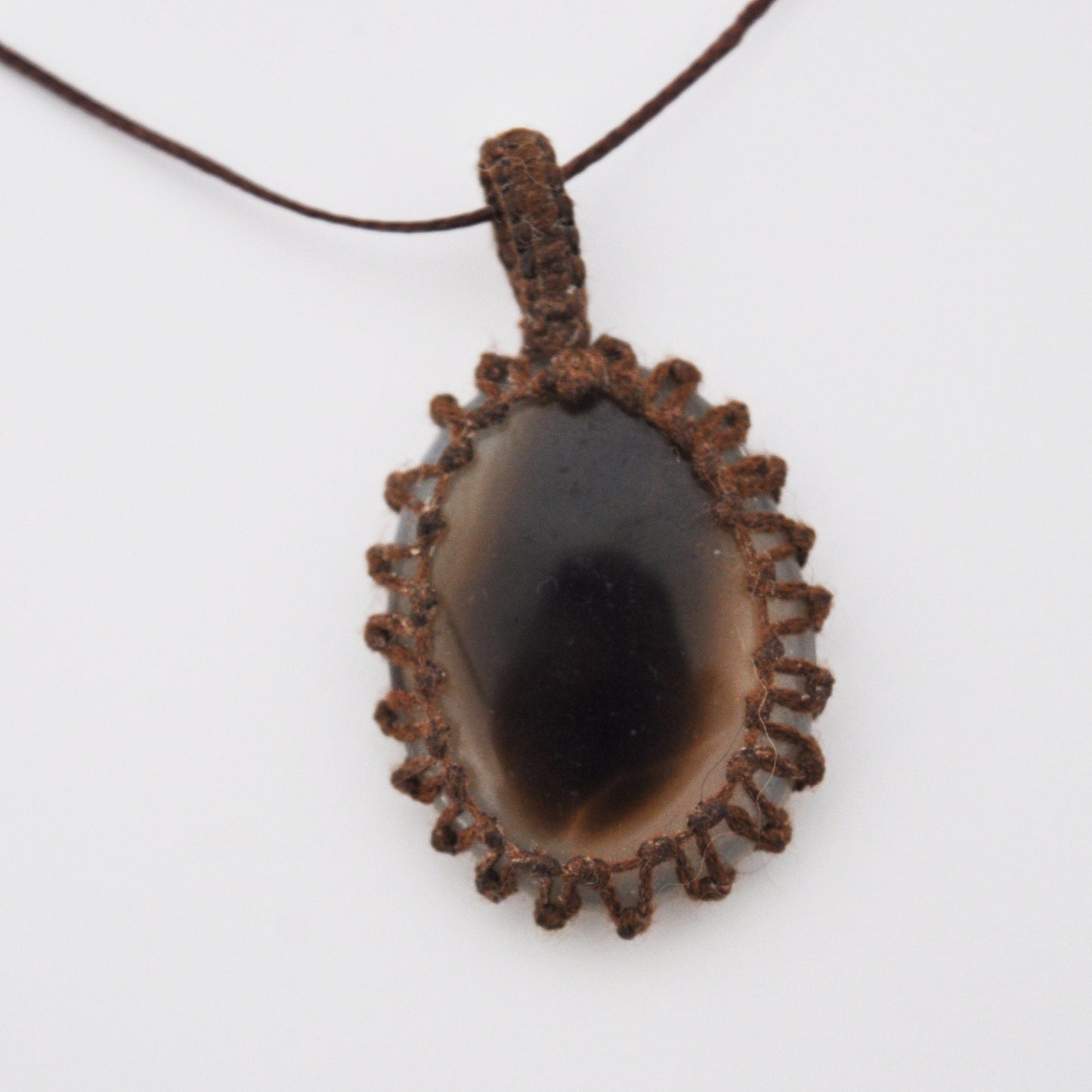 Brown Agate Macrame Wrap Chord Necklace / Knotted in Brown Cotton on Adjustable Length Chord
