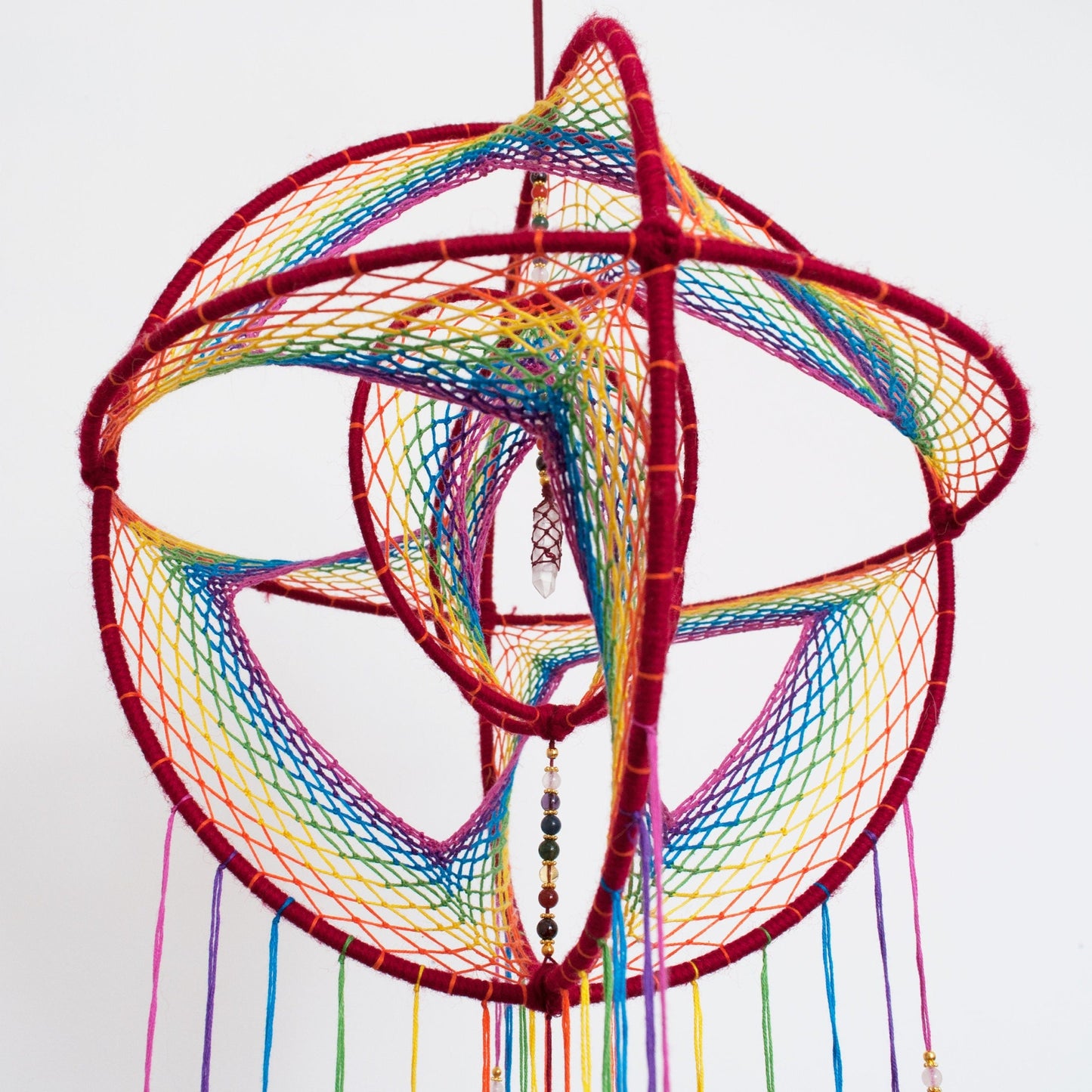 12" Large Rainbow 3D Dreamcatcher Mobile with Clear Quartz Point Centre