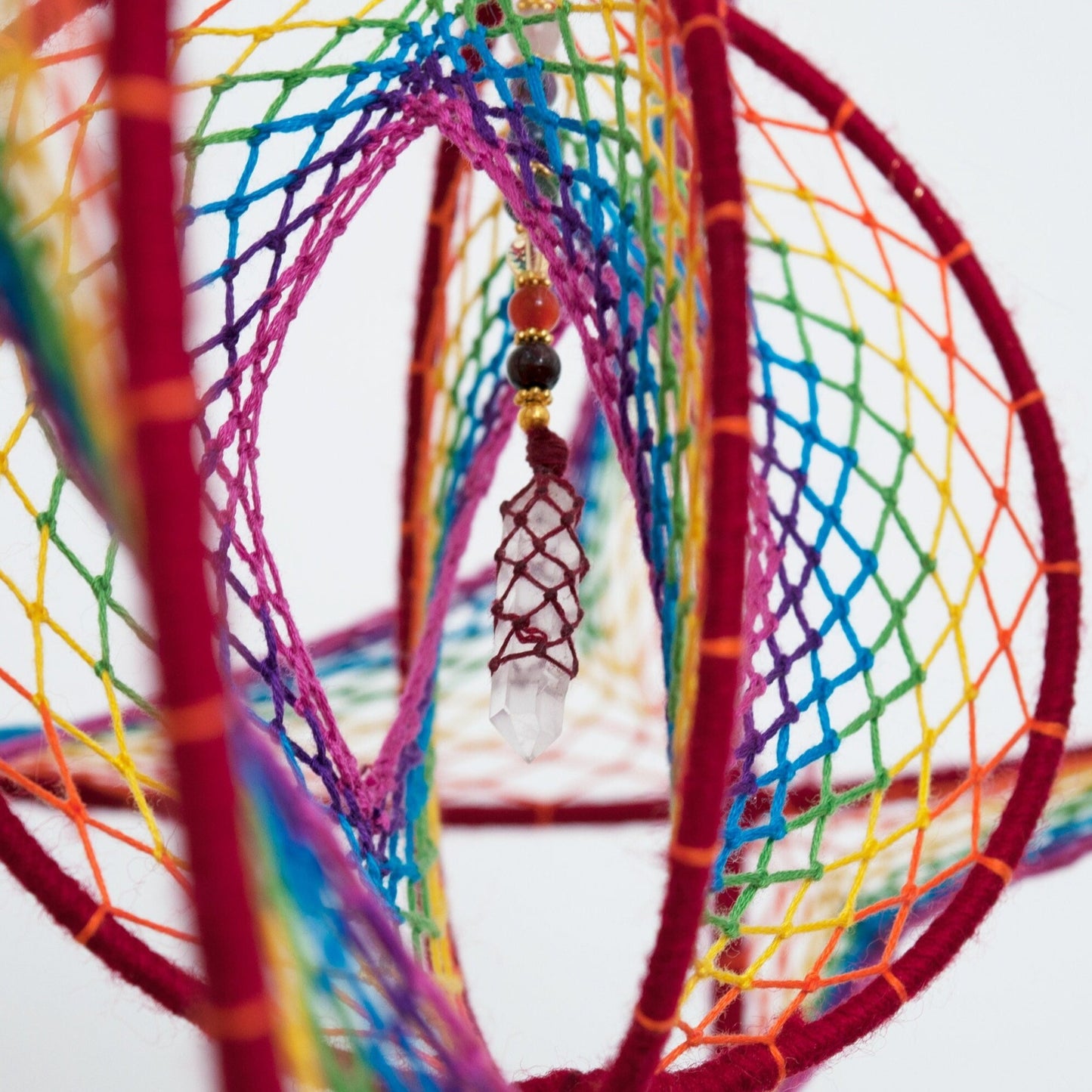 12" Large Rainbow 3D Dreamcatcher Mobile with Clear Quartz Point Centre