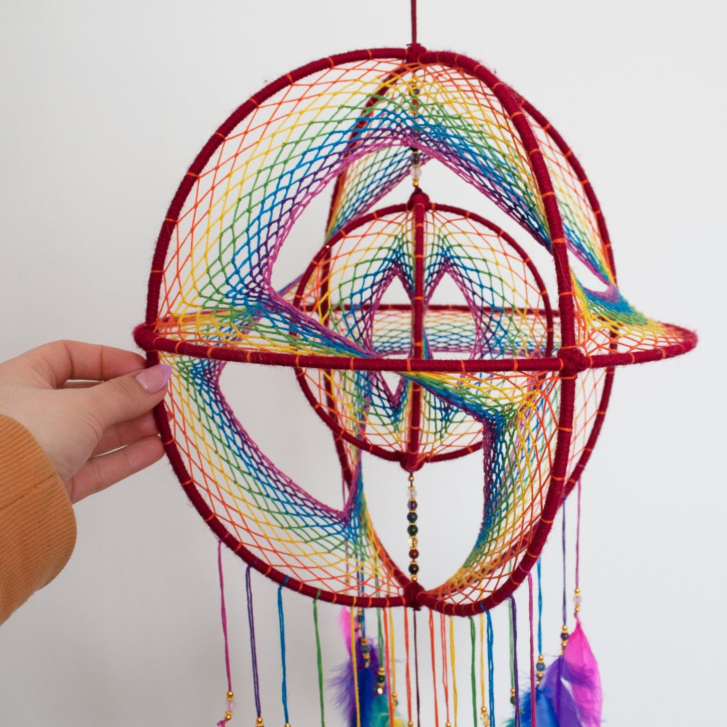 12" Large Rainbow 3D Dreamcatcher Mobile with Clear Quartz Point Centre