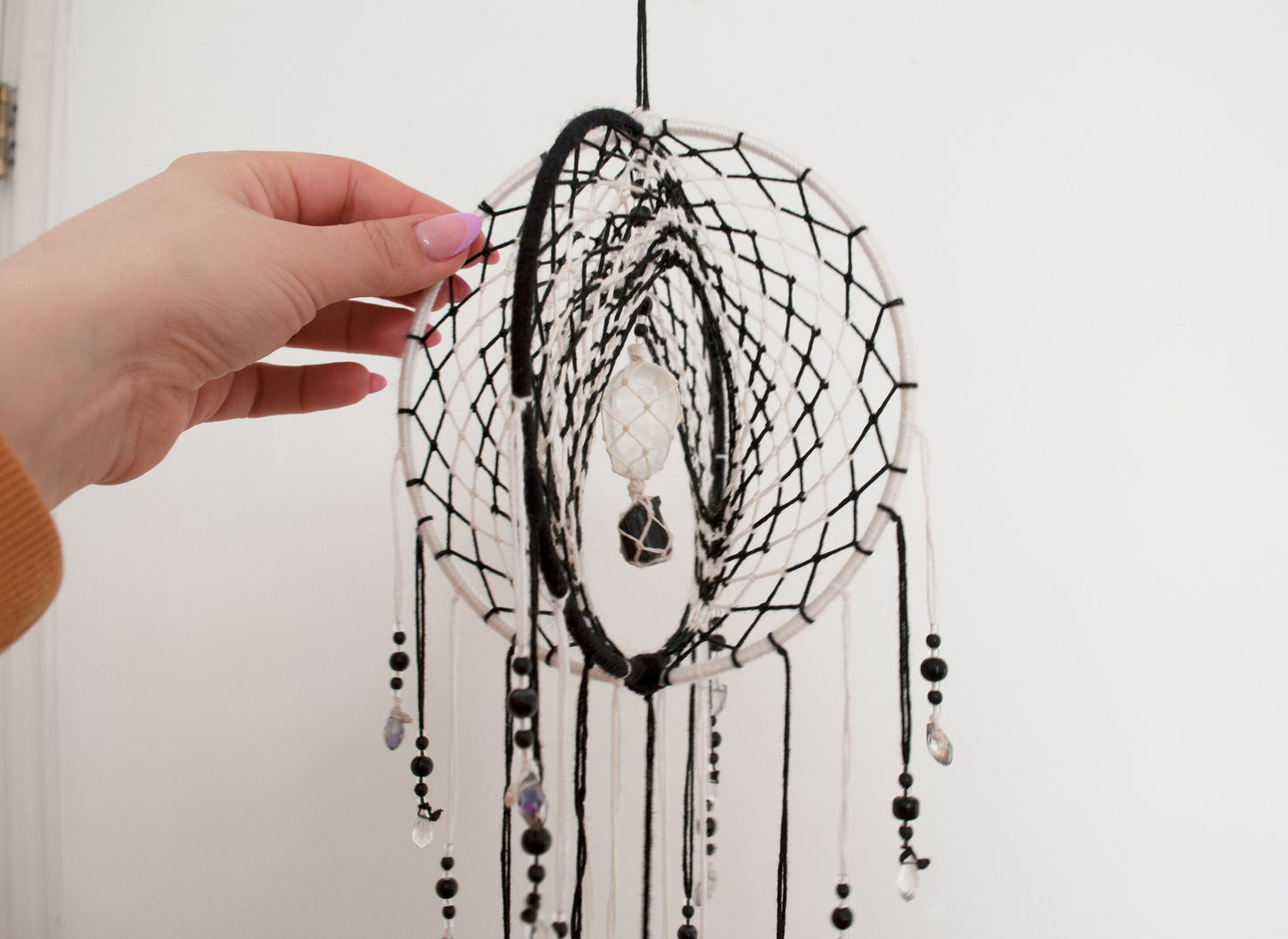 6" Clear Quartz & Black Tourmaline 3D Dreamcatcher Mobile for Balance & Protection 🤍🖤